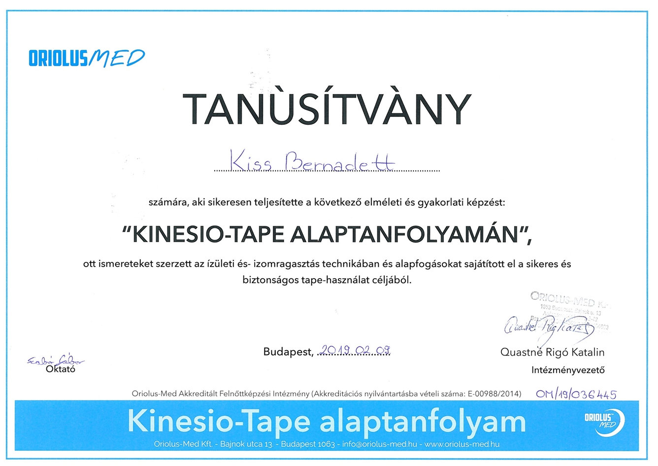 Kineziotape tanúsítvány