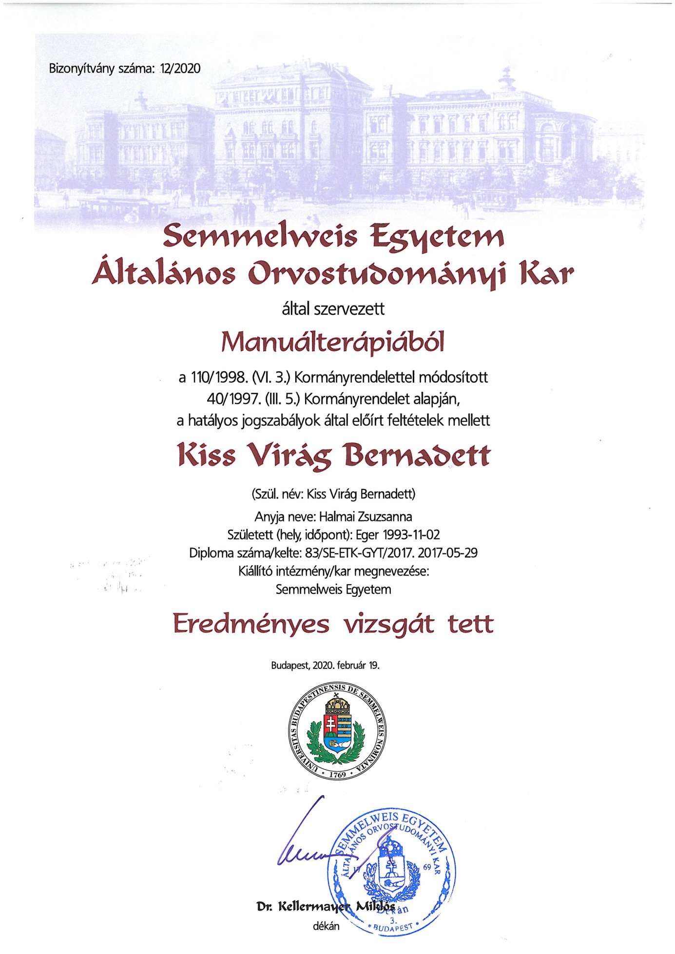 Manuálterapeuta bizonyítvány